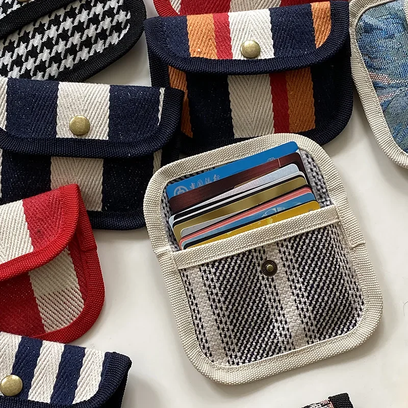 Striped Plaid Canvas Card Holder Portable Hasp Coin Purse ID Credit Card Bags Cover Multifunctional Headphone Key Storage Bags