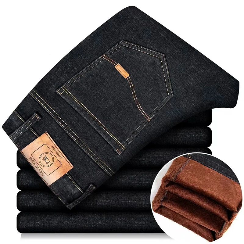 

Men's Winter Fleece Warm Jeans Fashion Business Pants Vintage Classic Trousers Autumn Leisure Elastic Straight Work Jeans Men