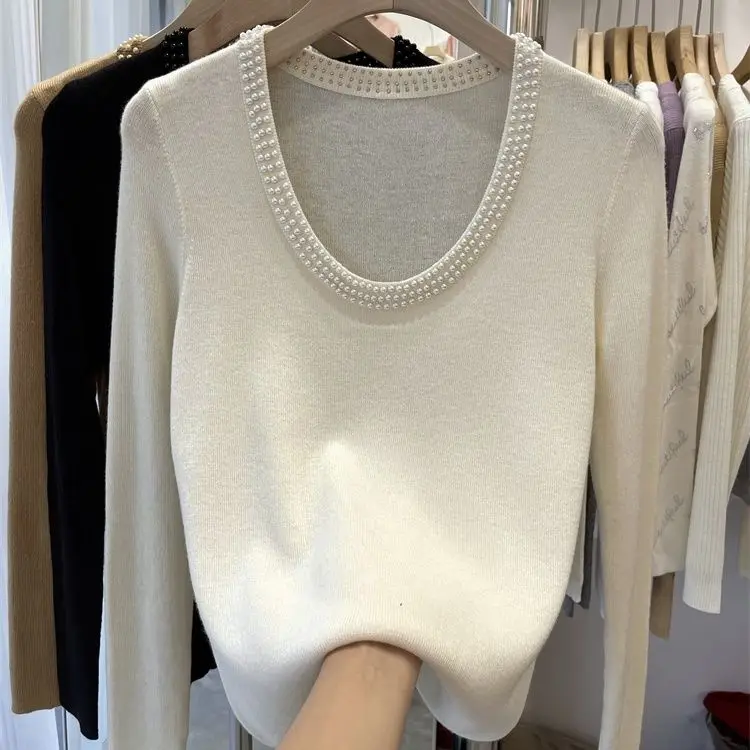 Big U-neck Long Sleeved Knitted Sweater for Women's Autumn and Winter Design Nail Bead Sweater Loose and Slimming Casual Top