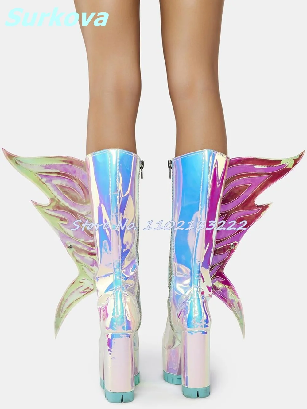 Butterfly Wings Boots Round Toe Platform Chunky High Heels Laser Knee High Boots Autumn Winter Fashion Cool Designer Women Shoes