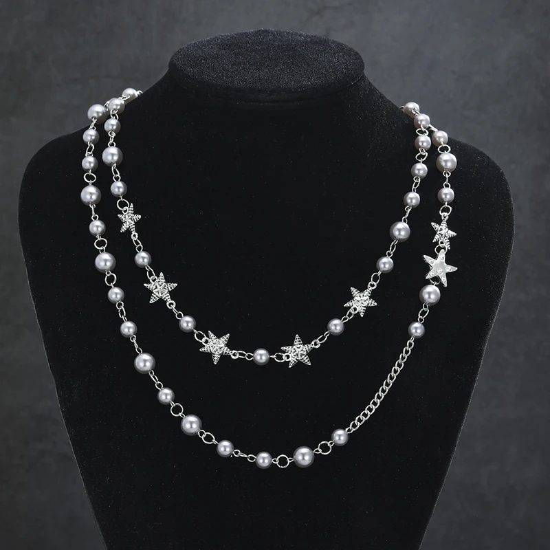 Silver Multi-layer Star Shaped Pearl Necklace Inlaid with Zircon Octagonal Pendant Necklace Fashionable Women's Vacation Jewelry