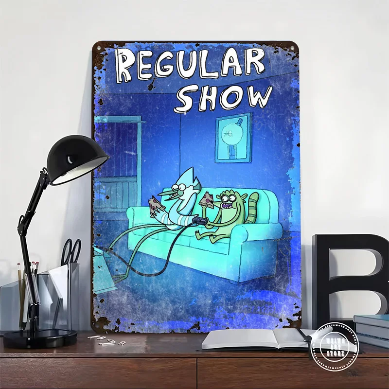 العرض العادي: ملصق معدني من Mordecai and Rigby Gaming Tin Sign علامات معدنية قابلة للتخصيص لتزيين الحائط الفني وديكور المكتب القديم