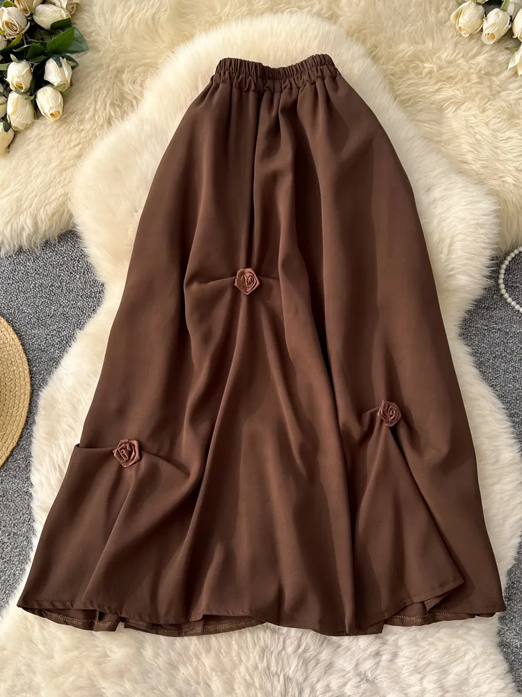 Women Brown A-line Mid Long Skirt Vintage Solid Color Skirt Harajuku Korean Style Y2k 3D Floral Skirts 2000s Clothes Summer 2026