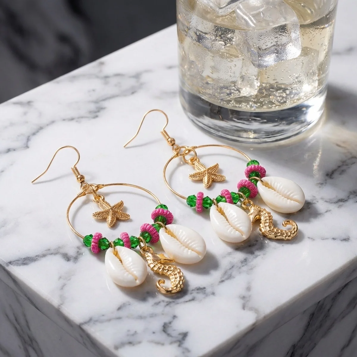 Kristall-Kreis Muschel Seestern Quasten-Ohrringe für Damen und Herren Boho Ozean Seepferdchen Ohrringe Trendiger Sommer-Strandschmuck – Detail 25