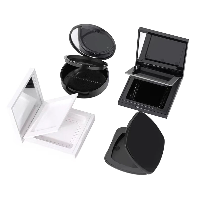 Plastic Black White Empty Double Layer Powder Box With Mirror Women Packaging Refillable Container