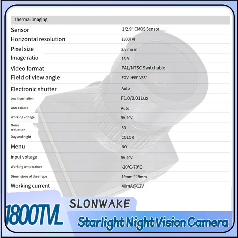 

Камера ночного видения SLONWAKE FPV 1/29 CMOS с сенсором 1800TVL Starlight, WDR, угол обзора: H95 ° V53 ° 19-мм OSD-дисплей PAL/NTSC для радиоуправляемого FPV-дрона
