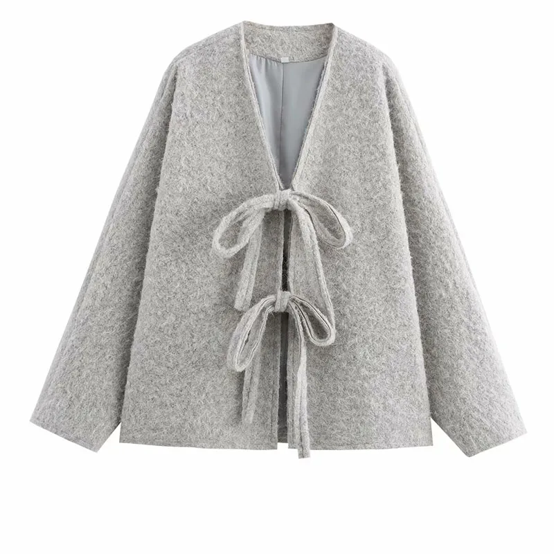 UETEEY 2024 New Winter Outdoor Casual Clothing Coat & Woolen V-neck Warm Off-the-Shoulder Bow Cardigan Women's Supply Chain