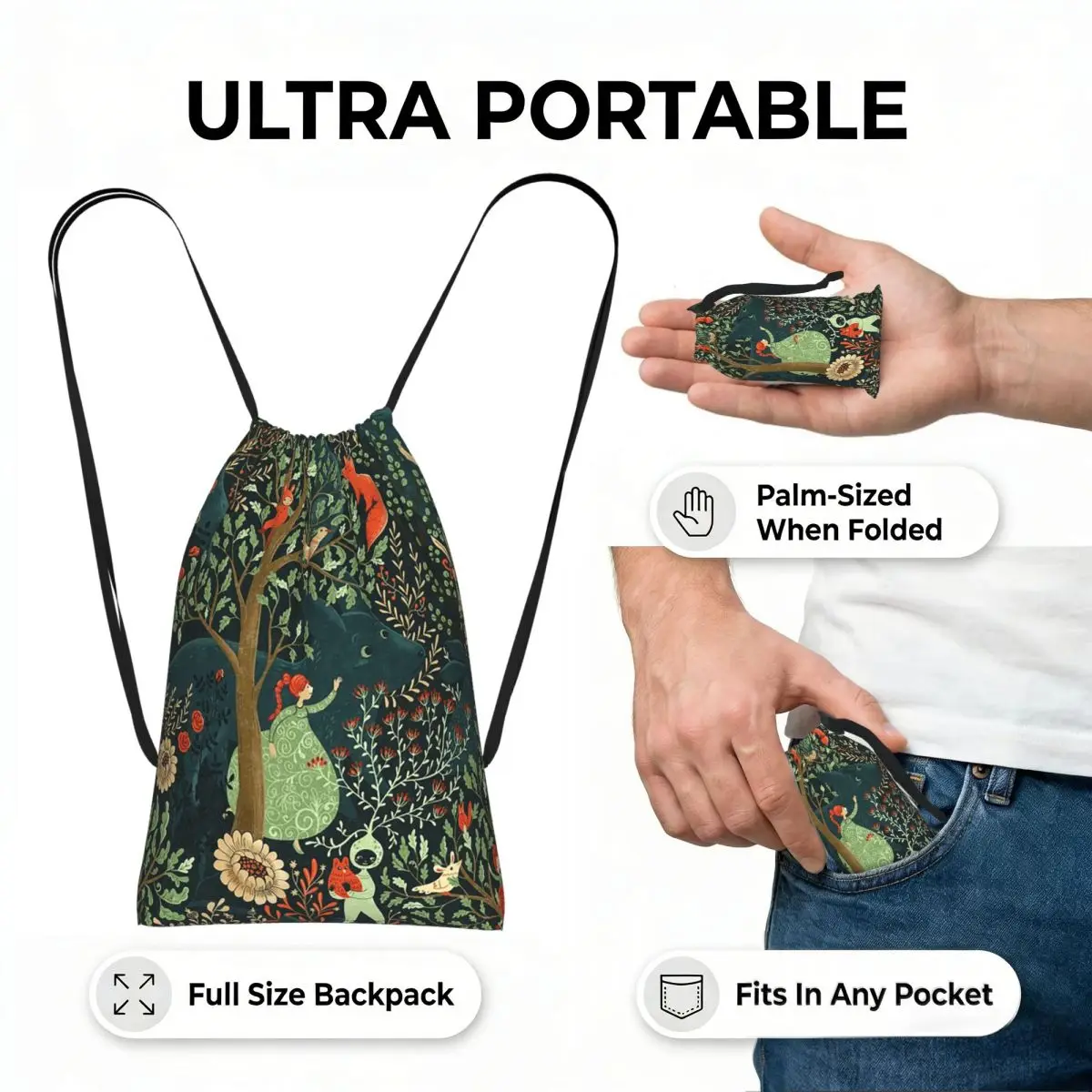 Whimsical Wonderland Drawstring Backpack hiking cycling Bag Portable Travel Drawstring Bag for Men Women