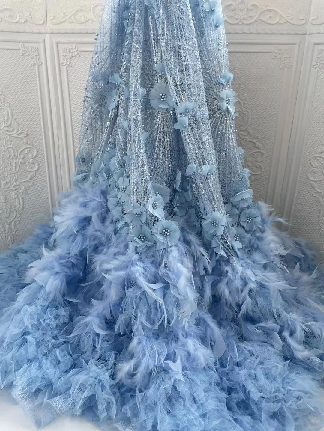 2024 New High Quality Luxury 3D Feather Lace Shiny Sequins Handmade Mesh Lace Tulle Fabric Swiss Bride Wedding Party SewingX5489