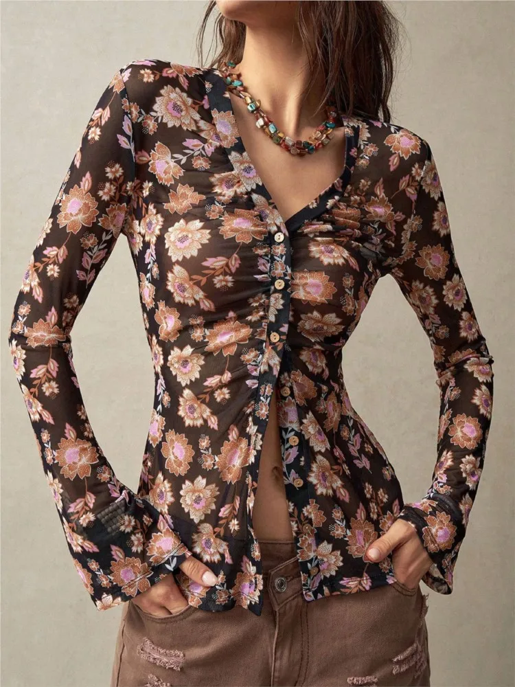 

Y2k Женские рубашки с цветочным принтом в стиле ретро, осенняя мода, блузки с v-образным вырезом и длинными рукавами, рюшами, облегающие укороченные топы на пуговицах, уличная одежда