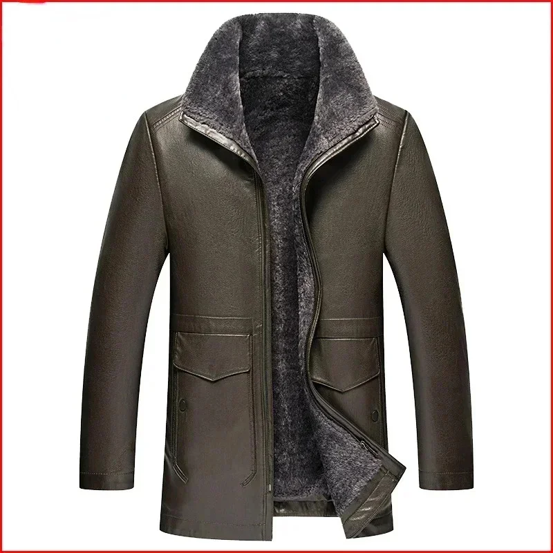 

Lapel Leather Jacket for Men Winter Plush Thickened 's Coats Clothes Medium Length Warm Jackets Male Abrigos