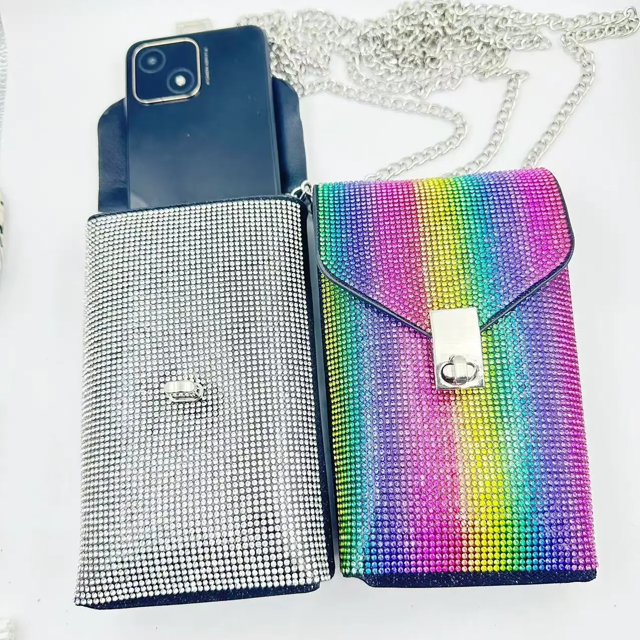 

Rhinestone inlaid mobile phone bag cross shoulder chain crossbody multifunctional stamping mobile phone wallet portable Gift