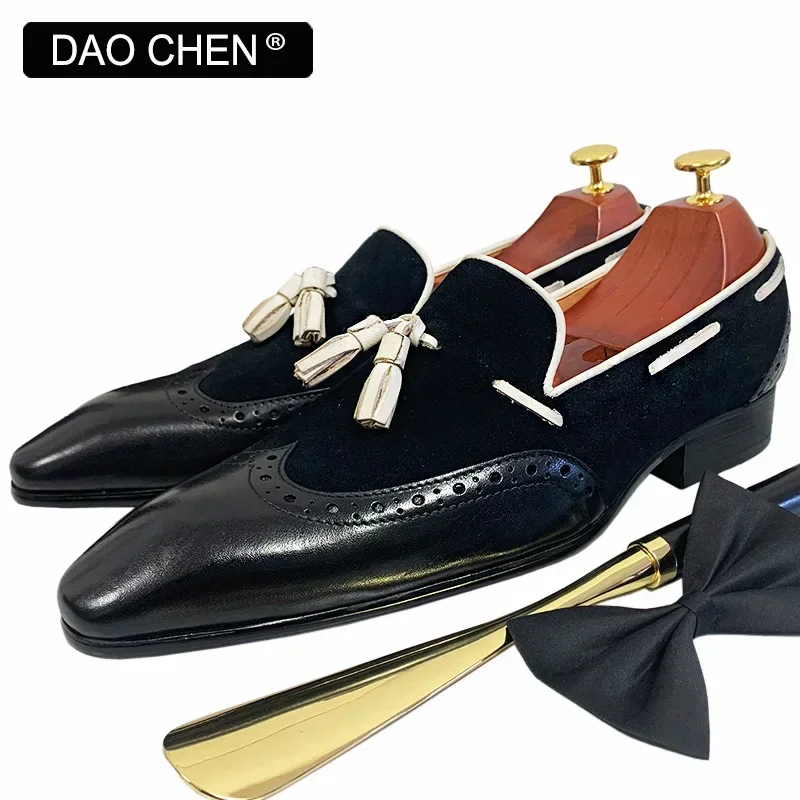 

ITALIAN LEATHER SHOES BLACK MIXED COLOR WINGTIP TASSELS LOAFERS CASUAL MENS DRESS SHOES WEDDING OFFICE LOAFERS FOR MEN