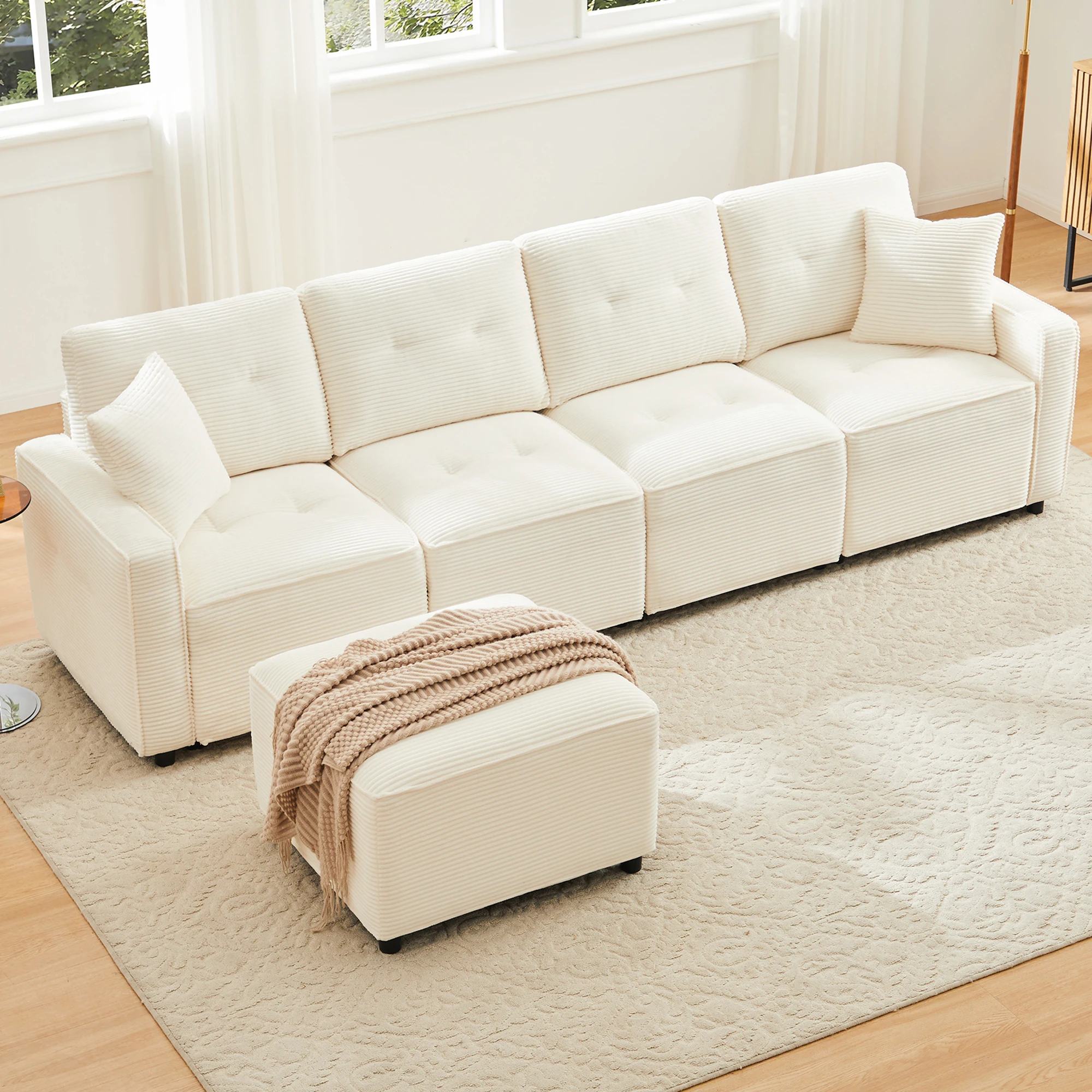 Canapé droit 4 places avec coffres sous l'assise et pouf modulable en velours côtelé beige 280 × 146 × 85 cm