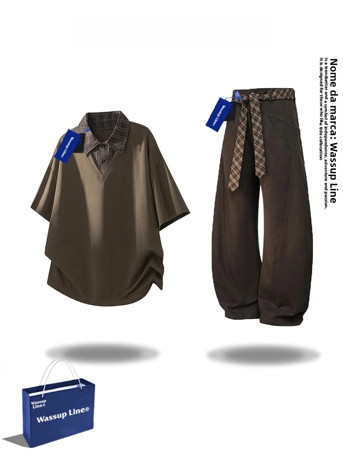 wassup-line-fashionable-versatile-men's-summer-short-sleeve-t-shirt-and-casual-pants-plaid-two-piece-set-polyester-fiber