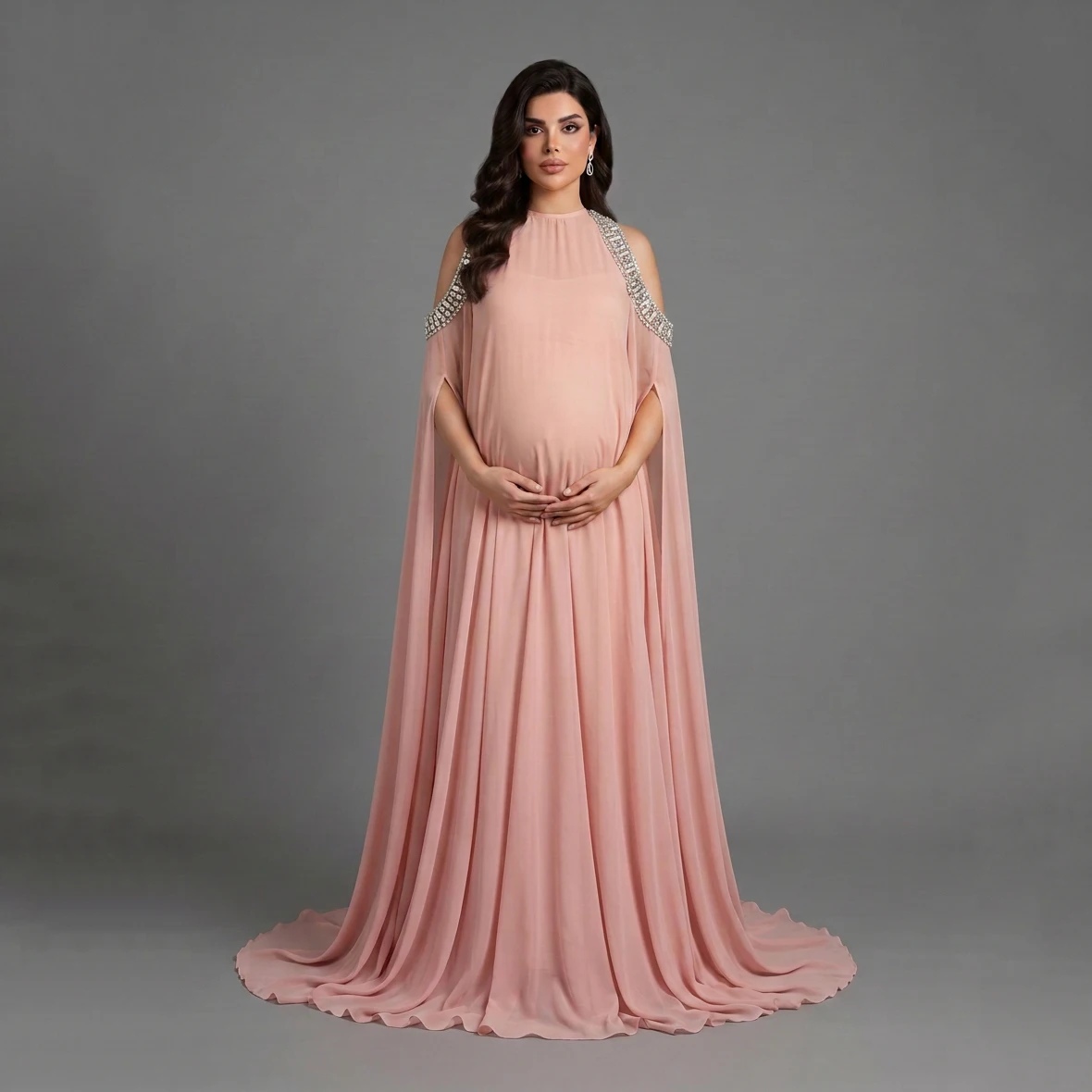 Blush Pink Maternity Dress with Cape Sleeve Rhinestone Mock Neck Chiffon Pregnancy Photography Baby Shower Vestidos YD261010