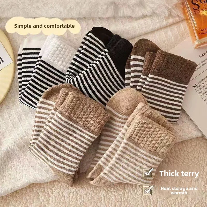 5 أزواج من الجوارب الحرارية للأطفال مبطنة بالصوف، جوارب شتوية سميكة متوسطة الساق مخططة للجنسين للأطفال الصغار