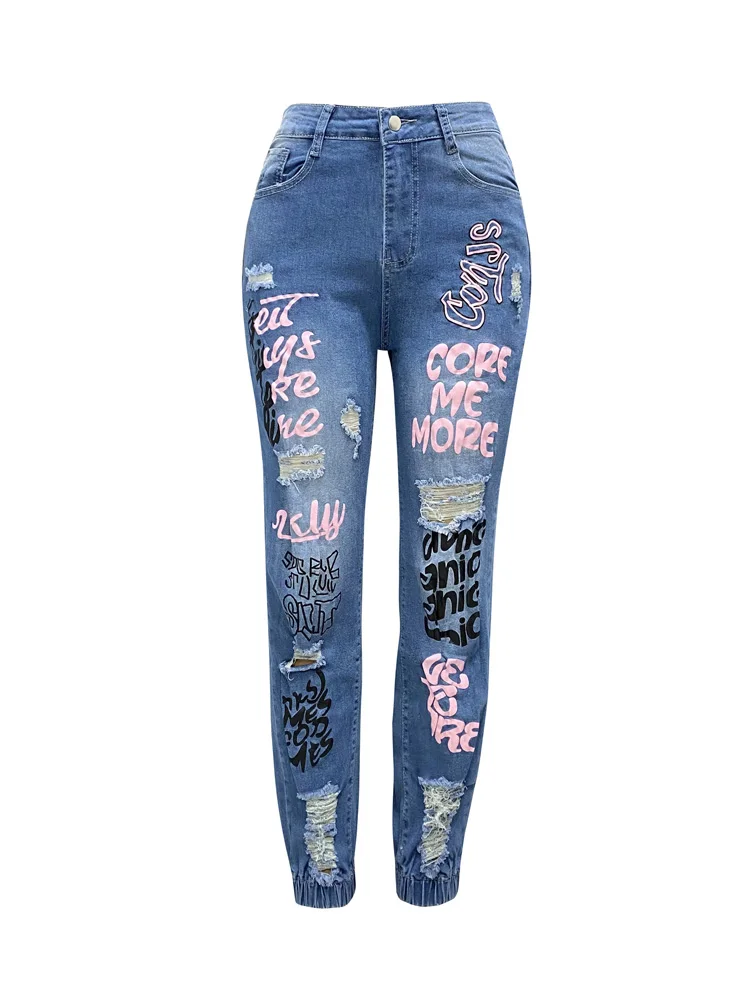 Benuynffy Streetwear Hip Hop Letter Print Ripped Jeans Women Fashion Y2K Harajuku Mid Waisted Casual Pencil Pants Spring New