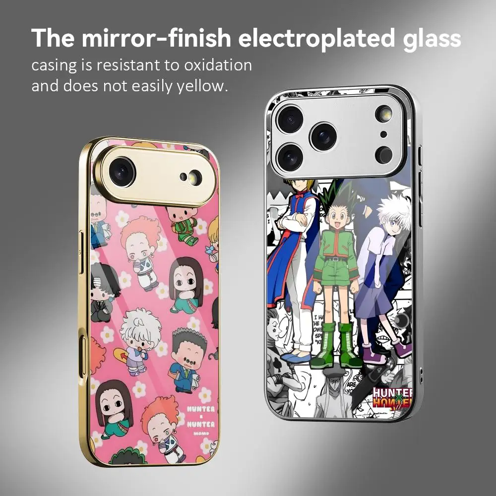 Anime H-Hunter X Hunter Phone Case For IPhone 17 16 15 14 13 12 Pro Max Plus Electroplated Metal Bumper Case Tempered Glass Back
