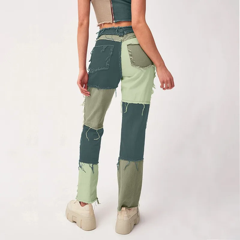 Y2k Women Jeans High Waist Denim Pants Olive Green Distressed Hem Denim Jeans Asymmetrical Patchwork Straight Leg Jeans Pants