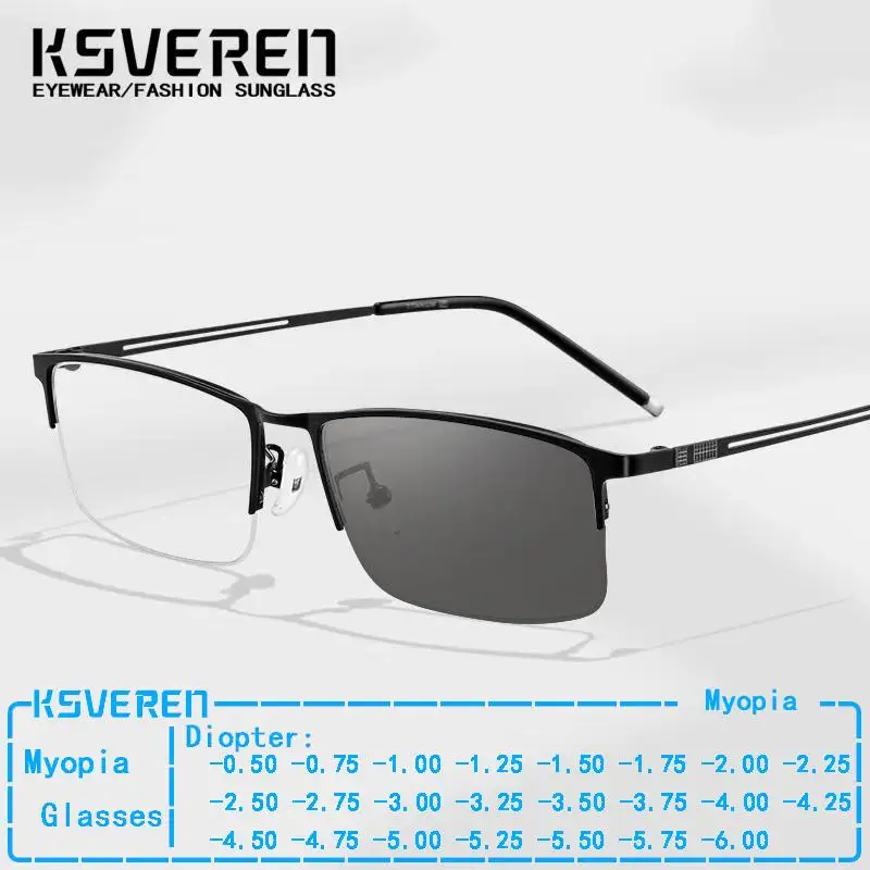 Prescription Business Photochromic Myopia Glasses For Men Half Frame Metal Color Changing Nearsighted Eyewear Negative Diopter