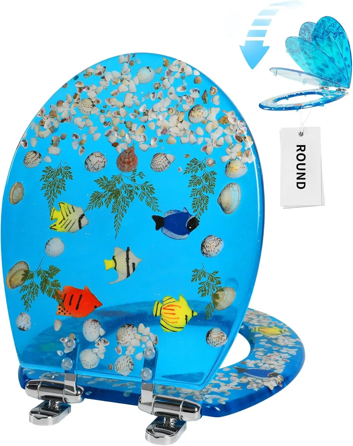 

Round Ocean Resin Toilet Seat with Slow-Close Hinge, Quick Release, Easy Install & Clean (17 Inch, Blue)