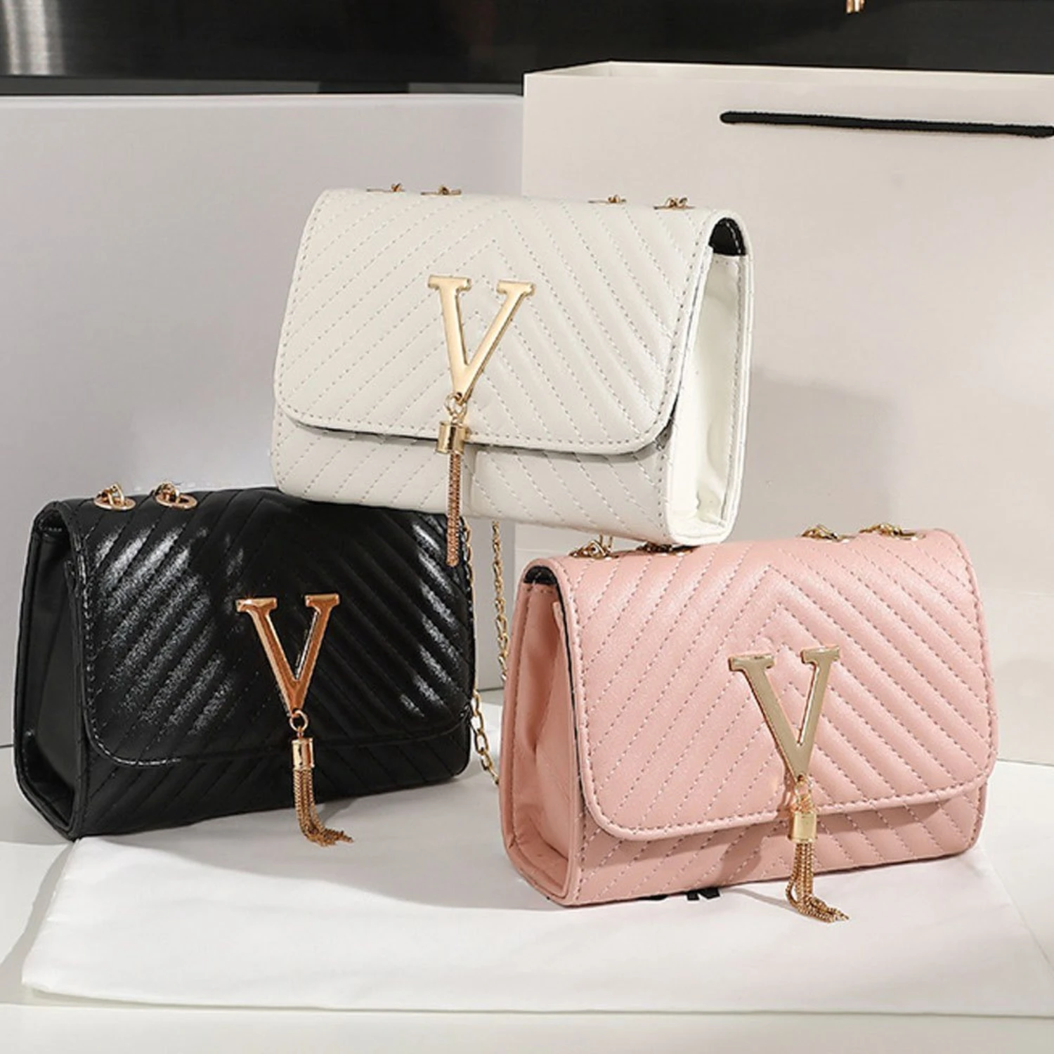 Elegant PU Leather Quilted Crossbody Bag With Tassel