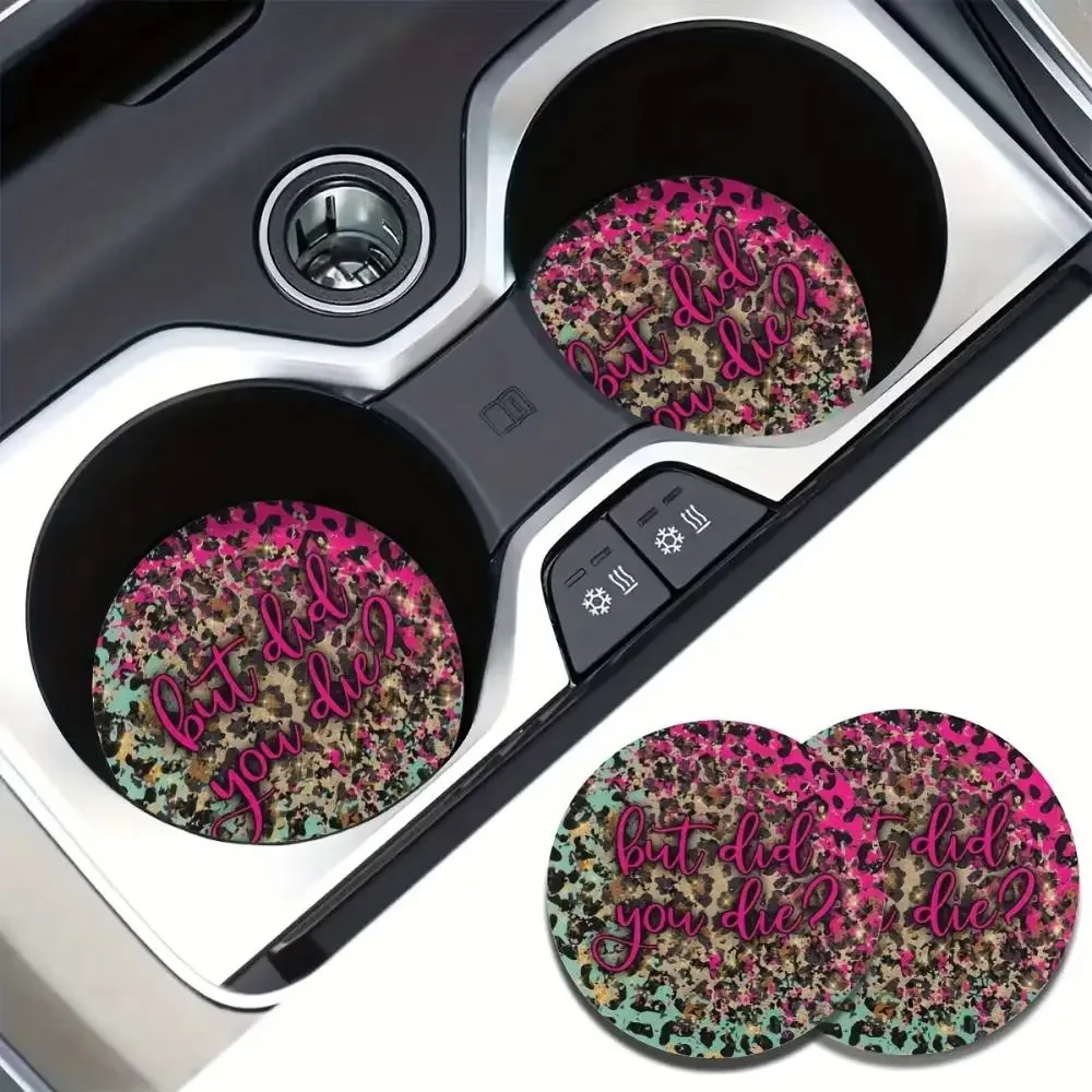 ＂But Did You Die？＂ Leopard Print EVA Absorbent Car Coasters Cup Slot & Desk Auto Interior Accessories