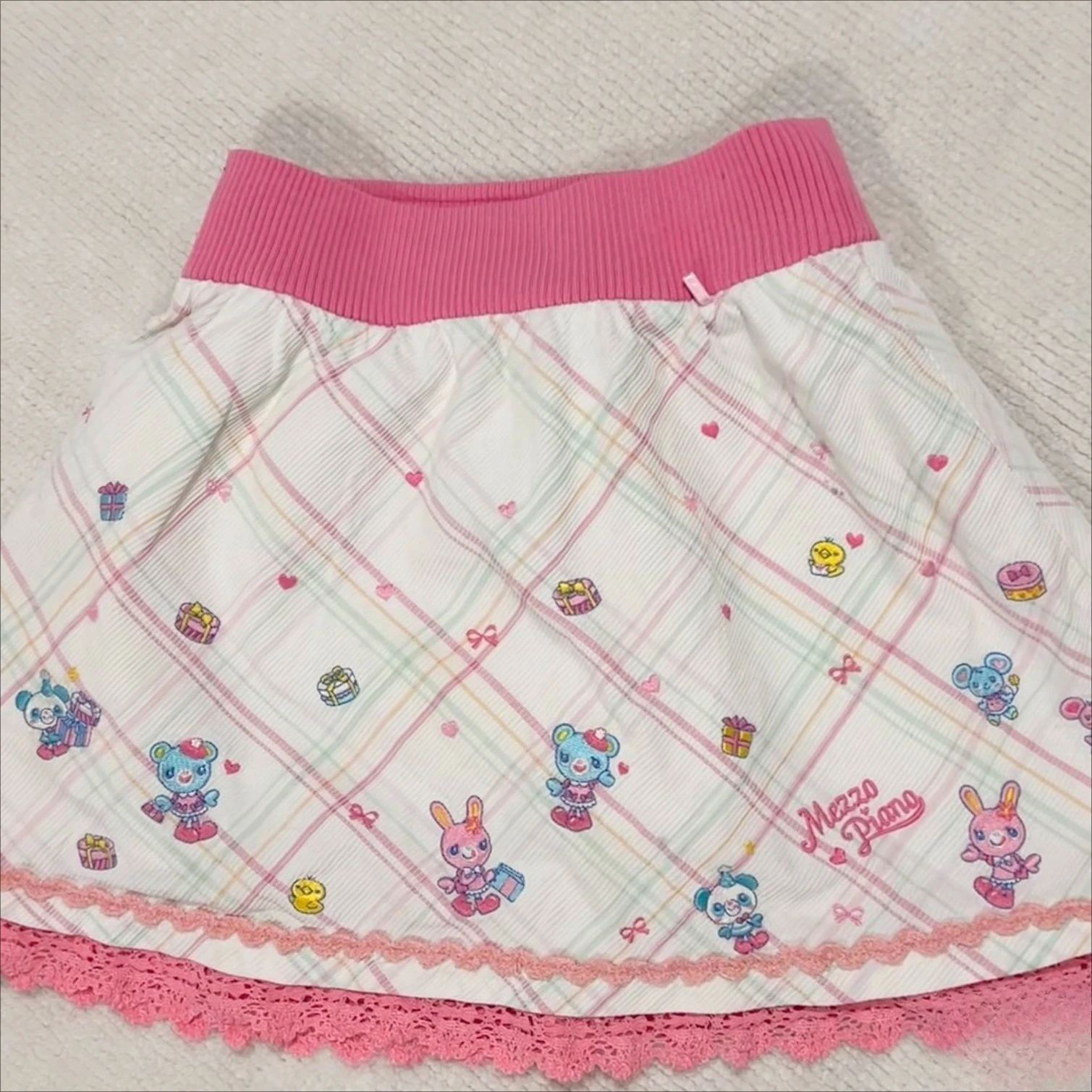 

Милая белая мини-юбка в клетку с принтом кролика и медведя, розовая кружевная отделка, японская мода, стиль кавайи, повседневная одежда в стиле Харадзюку