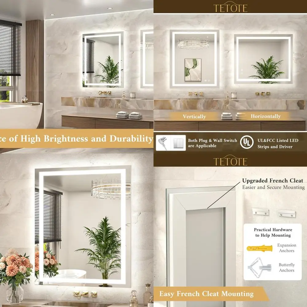 Miroir de courtoisie rétroéclairé 30 x 36 pouces avec lumières LED à intensité variable 3 couleurs, antibuée, étanche, verre trempé