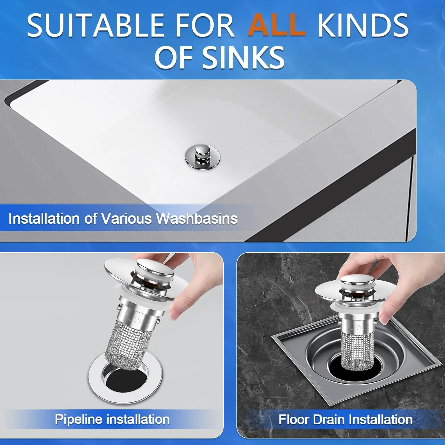 2-Pack Stainless Steel Pop-Up Sink Drain Strainer – Removable Basket! Clog-Preventing Hair Catcher for Bathtub/Shower/Sink