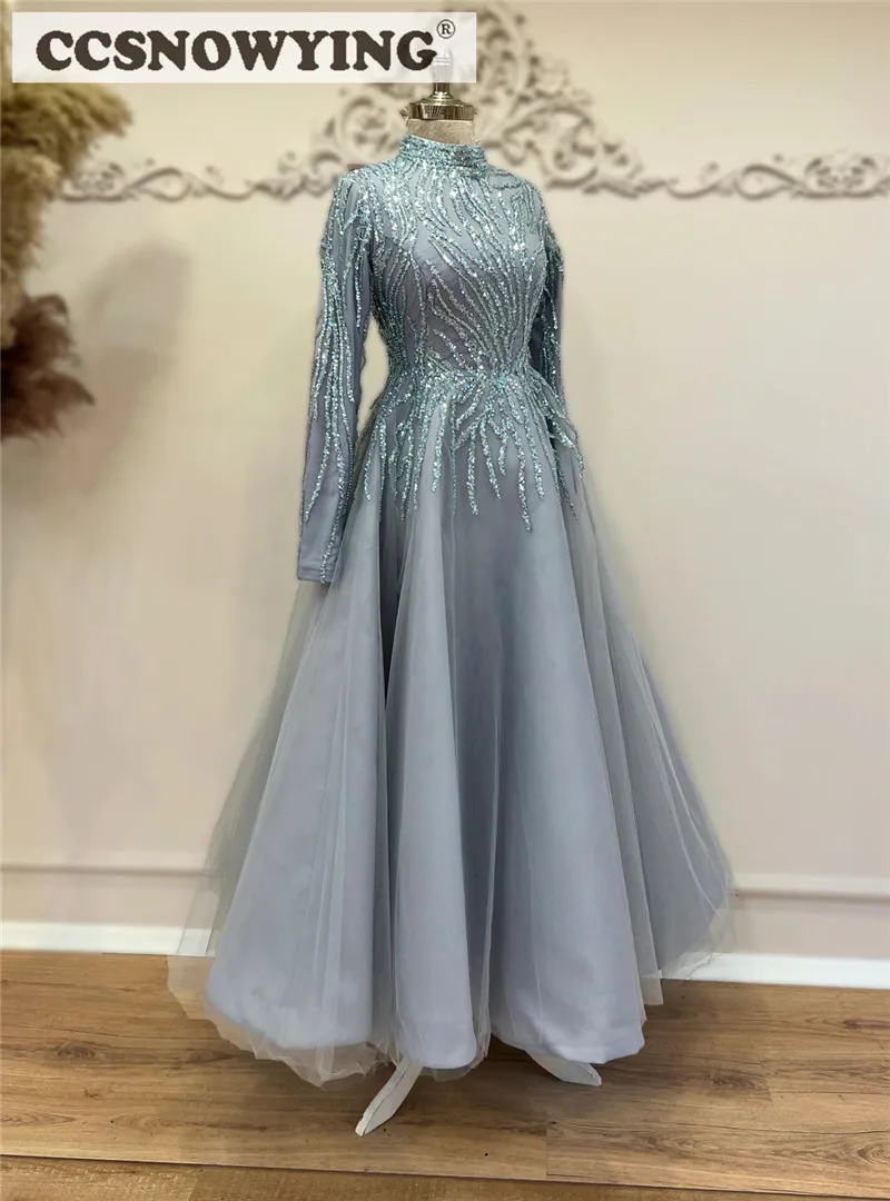 Dusty Blue Beaded Long Sleeve Muslim Evening Dresses High Neck Arabic Dubai Caftan Hijab Islamic Prom Dress Formal Party Gown