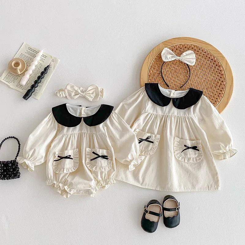 

2025 New Autumn Baby Girls Dresses Long Sleeve Sister Matching Outfits Infant Toddler Clothes Cute Bow Newborn Infant Rompers