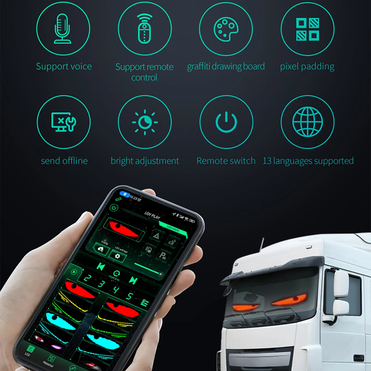 2024 Dynamic Devil\'s Eye Truck Windshield scrolling Advertising APP Automotive LED Matrix Pixel Board Remote CONTROL DIY RGB