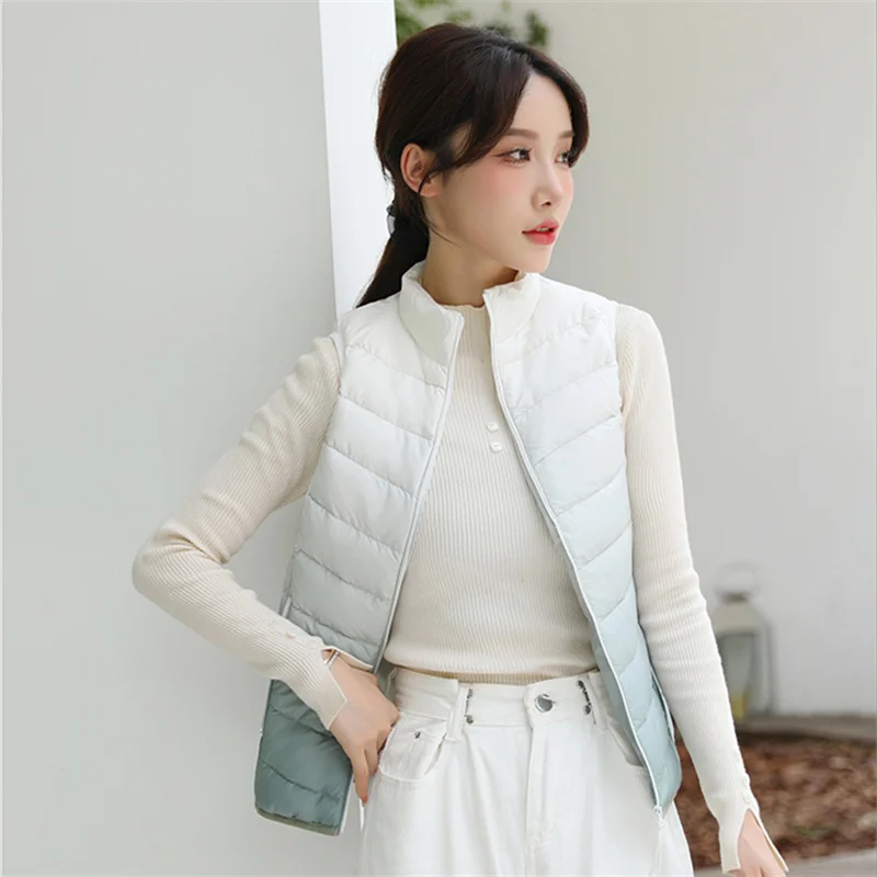 Autumn Winter Warm Gradient Down Waistcoat Jacket Women Ultra Light White Duck Down Vest Lady Short Sleeveless Bigsize Tank Coat