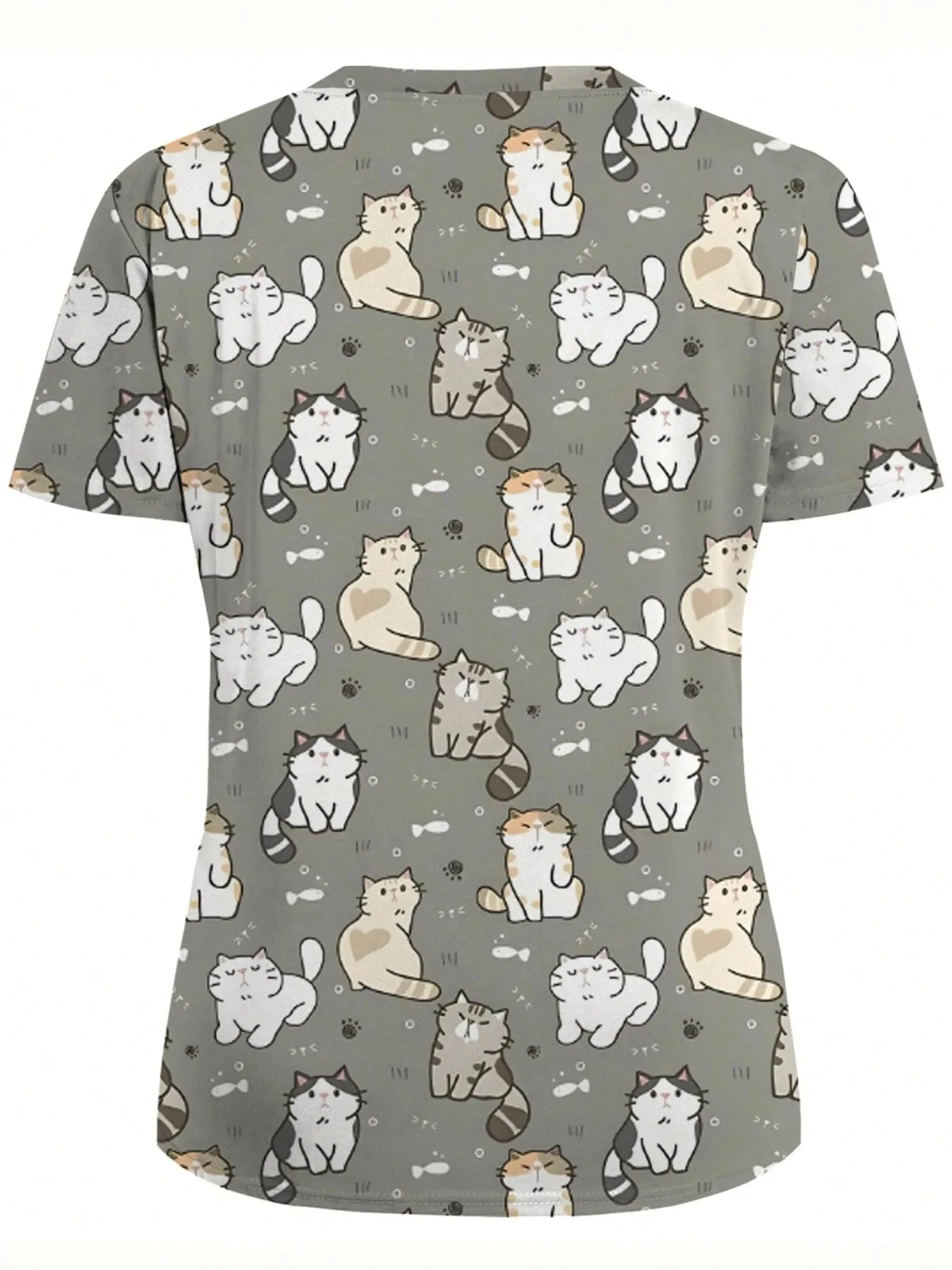 Summer Women's V-neck T-shirt, Printed Workwear Top, Animal Nurse Uniform Shirt with Pockets, Hospital Nursing Uniform view 3