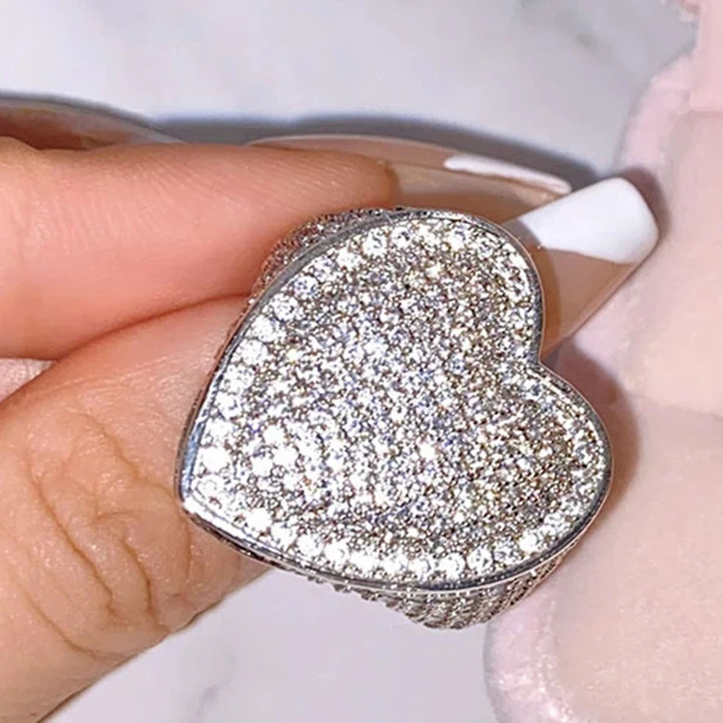 925 Silver Plated Big Heart Full Micro Paved Iced Out Bling Cubic Zirconia Hip Hop Ring Delicate Punk Jewelry For Men And Women view 4