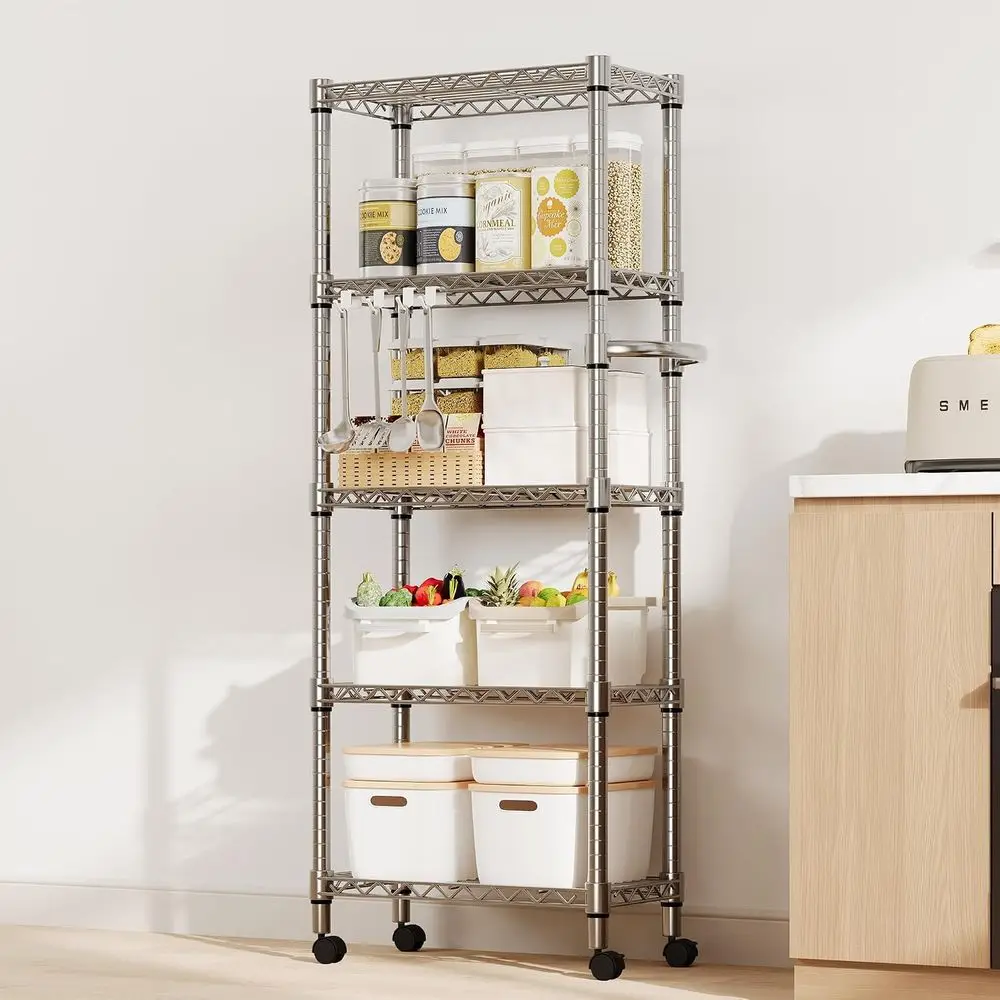 5-Tier Storage Shelves Heavy Duty Metal Wire Rack Shelving, 1100 LBS acity Rolling Storage Rack with Wheels, or Living Room Pant