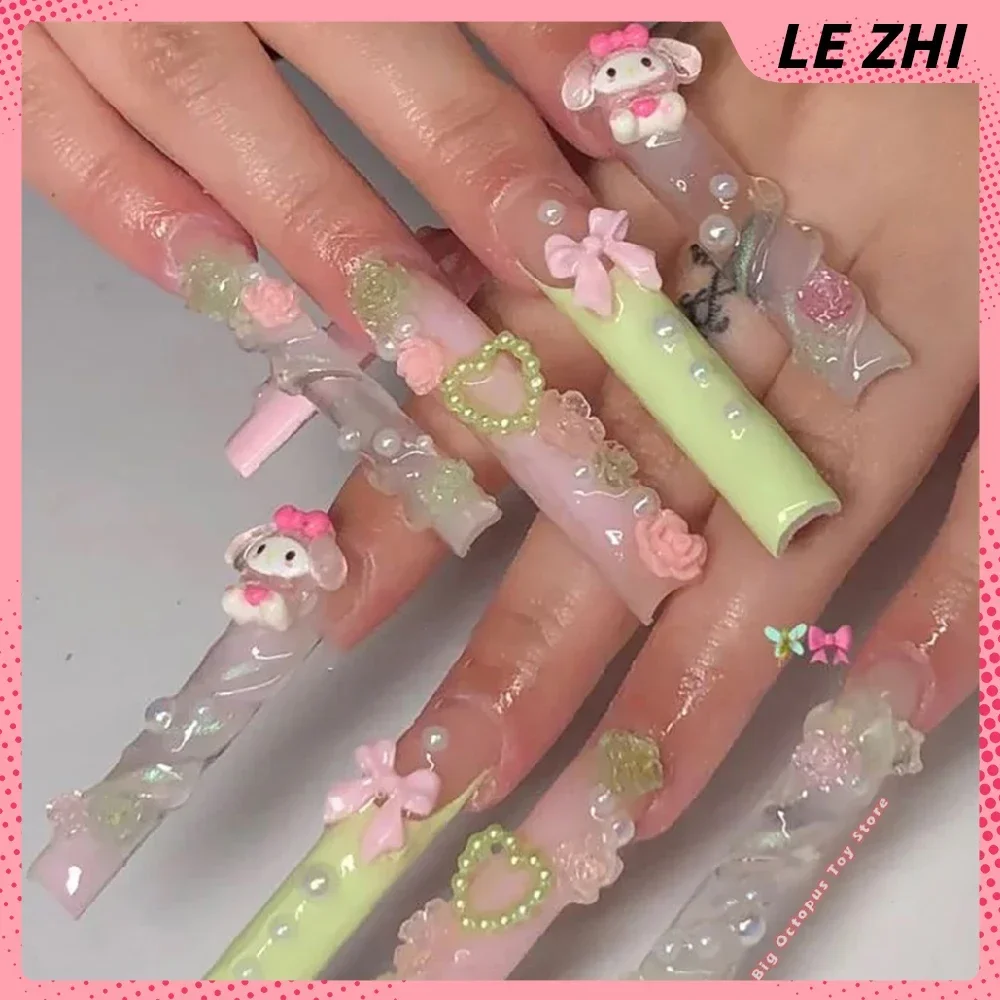 High-End Customizable Xxl Long Square Coffin Fake Nail Art Hello Kitty Mymelody Y2K Spice Girl Diamond Handmade Party Sticker