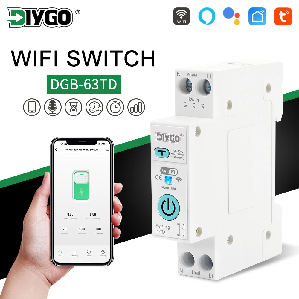 DGB-63TD Tuya WiFi Smart Switch Current Voltage Leakage Protection Metering Circuit Breaker Remote Control Wireless Timer Relay