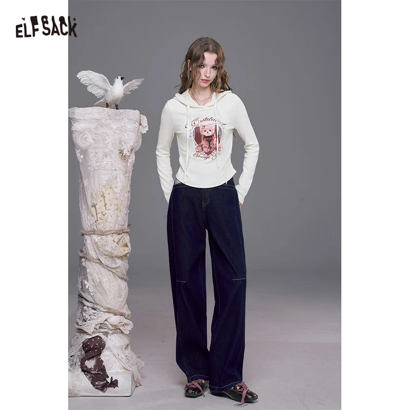 

ELFSACK 2025 Autumn New Arrivals Casual Dark Loose Stripe Patch Patchwork Denim Pants For Woman