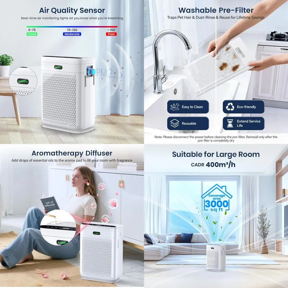 

Большой очиститель воздуха для помещений с пультом ДУ, фильтром H13 HEPA, дисплеем PM2.5, идеально подходит для владельцев домашних животных и при аллергии