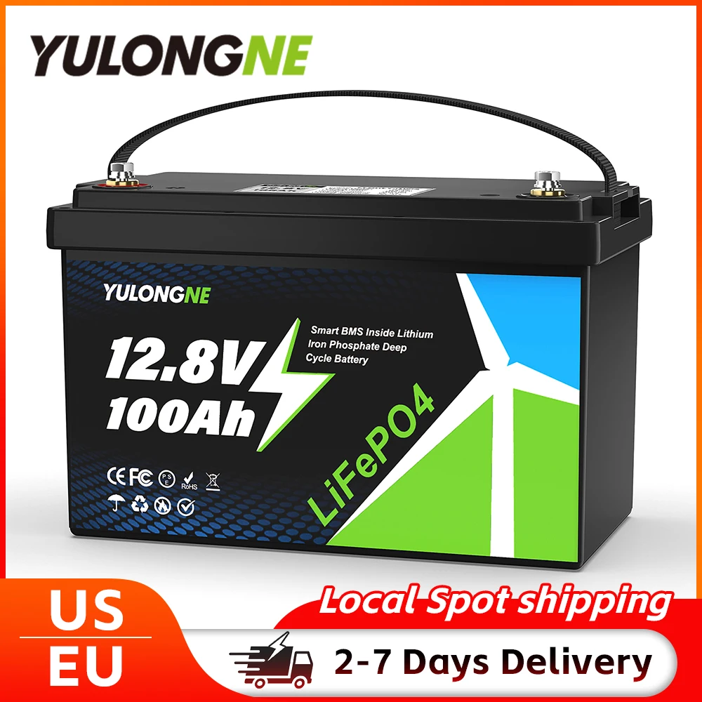 YULONGNE 12.8V 100Ah LiFePO4 Rechargeable Deep Cycle Battery Integrated Smart BMS Lithium Battery for Off‑grid Solar Installation RV Camper Yacht Home Backup Power Supply