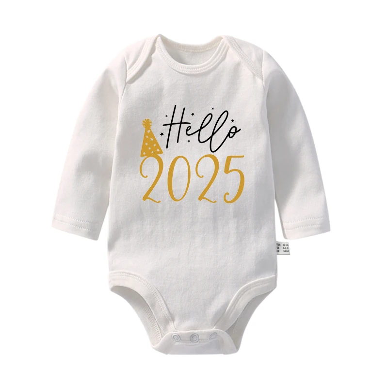 Hello 2025 bayi baru lahir Bodysuit katun lengan panjang bayi Romper tubuh bayi laki-laki perempuan Tahun Baru pakaian Ropa hadiah Natal