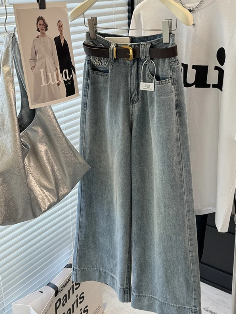 Denim Pant Women Jeans Vintage Wide Leg Pants Ankle Length High Waist Straight Trousers Y2k Streetwear Elegant Splice Work 2026