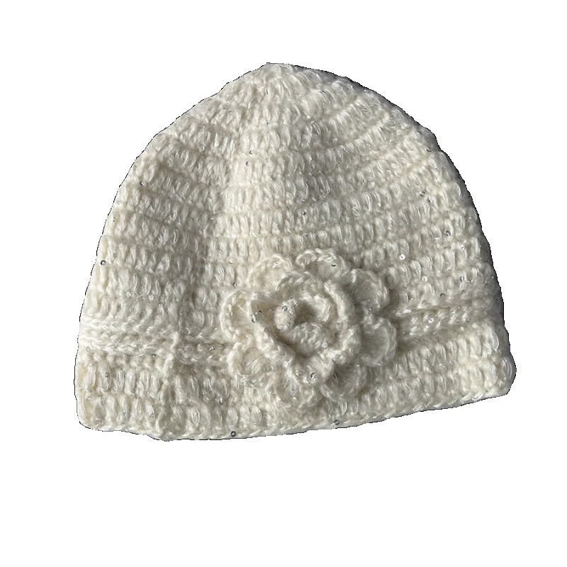 Korean Version of Flower Handmade Crochet Knitted Hat Autumn and Winter Street Retro Fashion Warm Skull Beanie Hats for Women