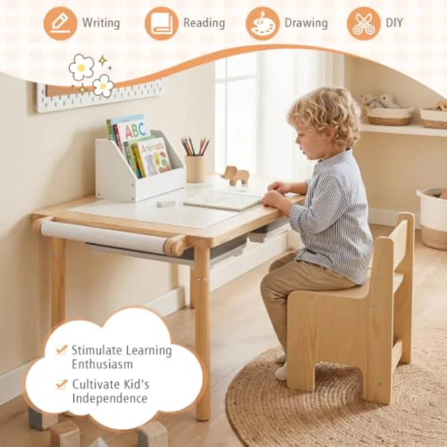 Sensory Table and Chair Set for Study, Craft, Art: Wooden, Natural Wood Color, Adjustable Height Dual-Sided Top with 2 Bins, Pa