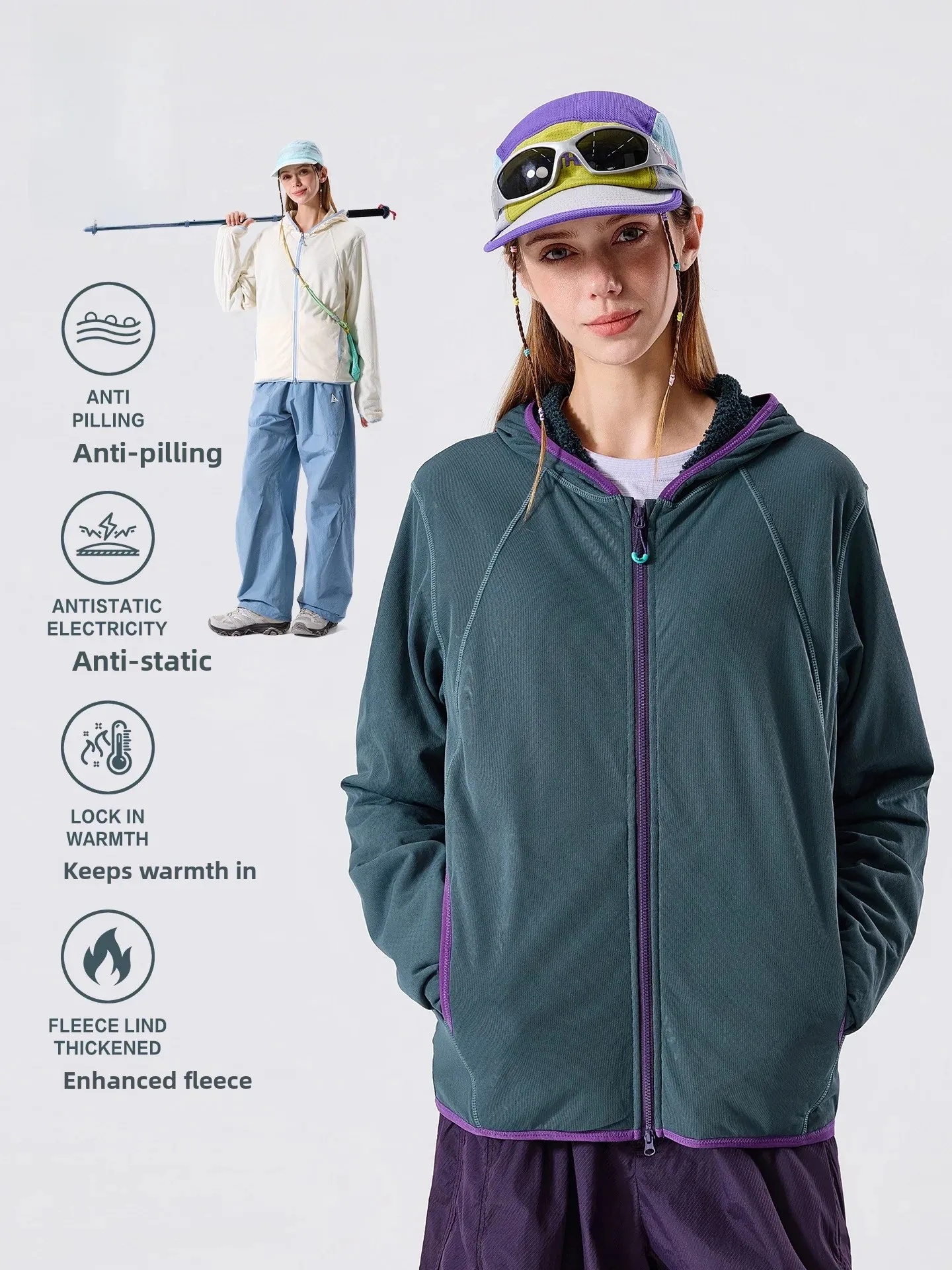 LAZY DAY Fleece Lined Hoodie Women's Outdoor Hiking Warmth Jacket Polyester Fiber Quick Dry Regular Fit Long Sleeve Coat