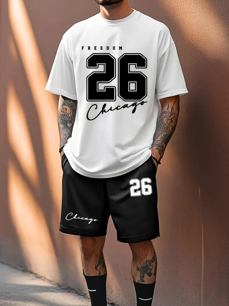 

Round-neck Men's Summer Casual Wear Printed With The Letter 26, Urban Street Short-sleeved Shirts And Two-piece Sets