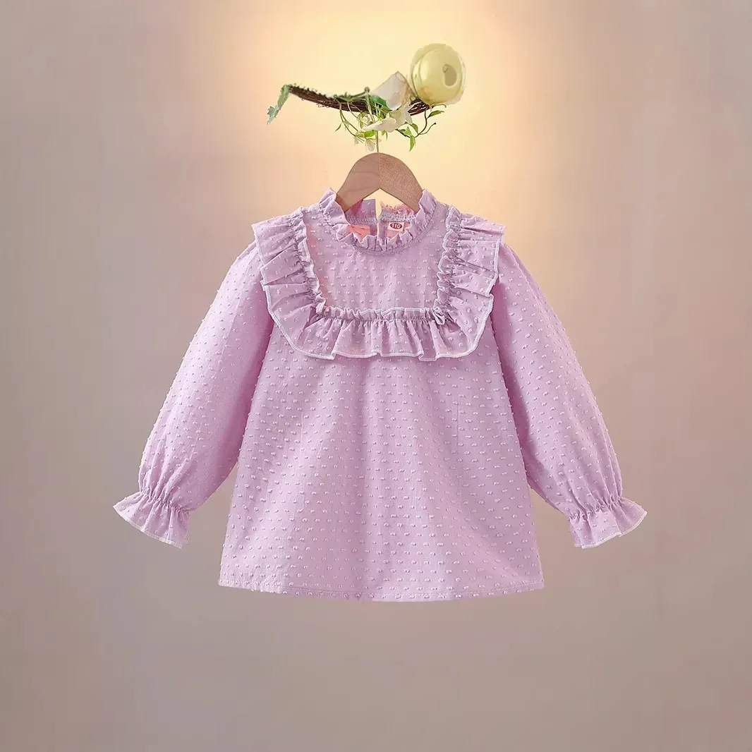 Girls' Shirt New Style Long Sleeved Shirt with Lace Stand Up Collar 2026 New Autumn Spring Children's Top
